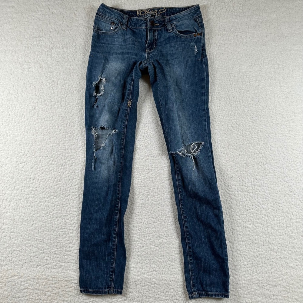 Fox Racing Distressed Skinny Jeans Womens Low Rise Denim Sz 3 Blue Moto Grunge